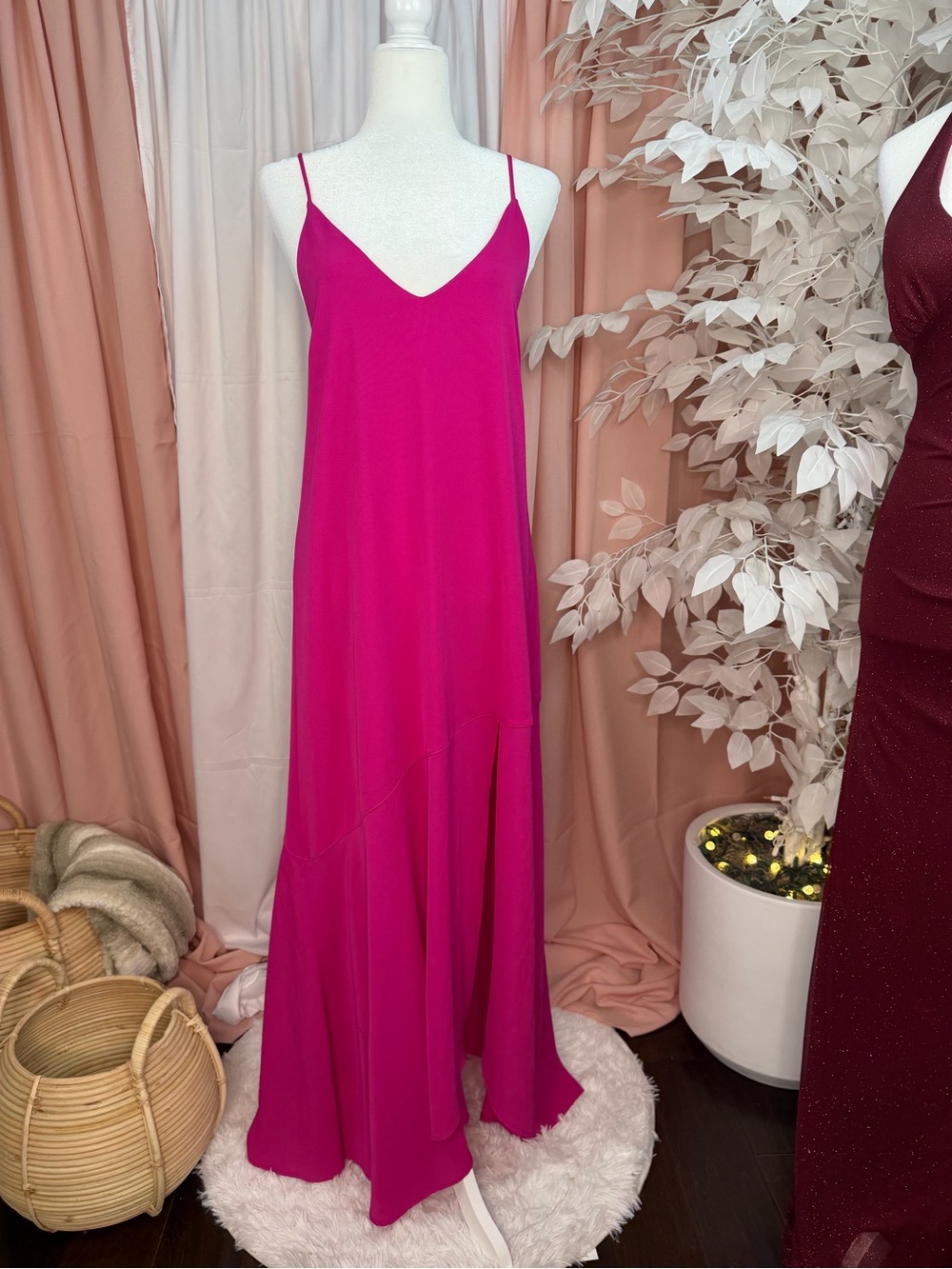 The Impeccable Pig Fuchsia Pink Open Back Ruffle Maxi Dress M